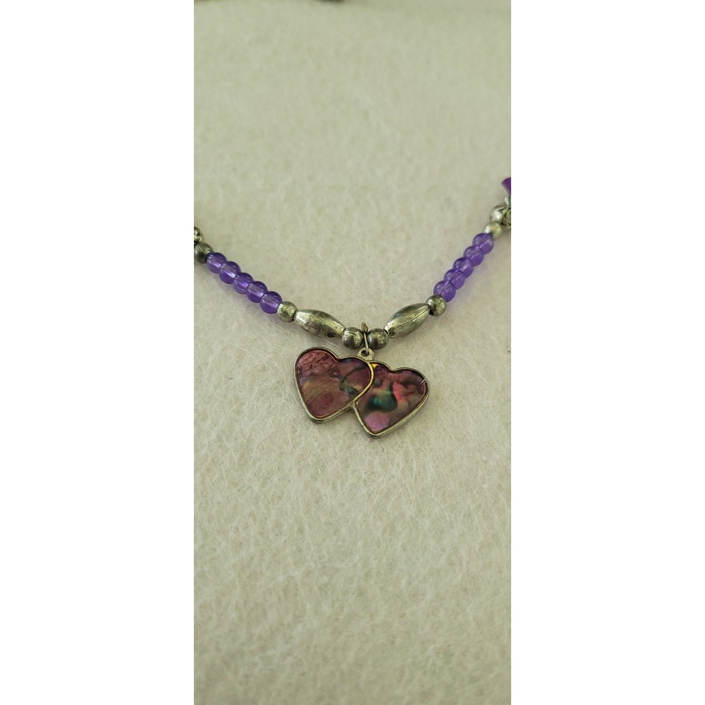 Southwestern Amethyst Shell Hearts Necklace Liquid Silver Boho 16in